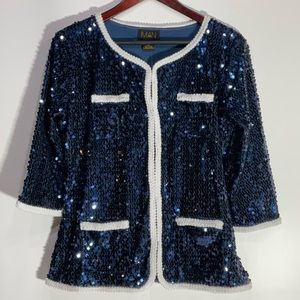 IMAN Jacket, Sequin, Blue and White, Hook and Eye, Size Medium